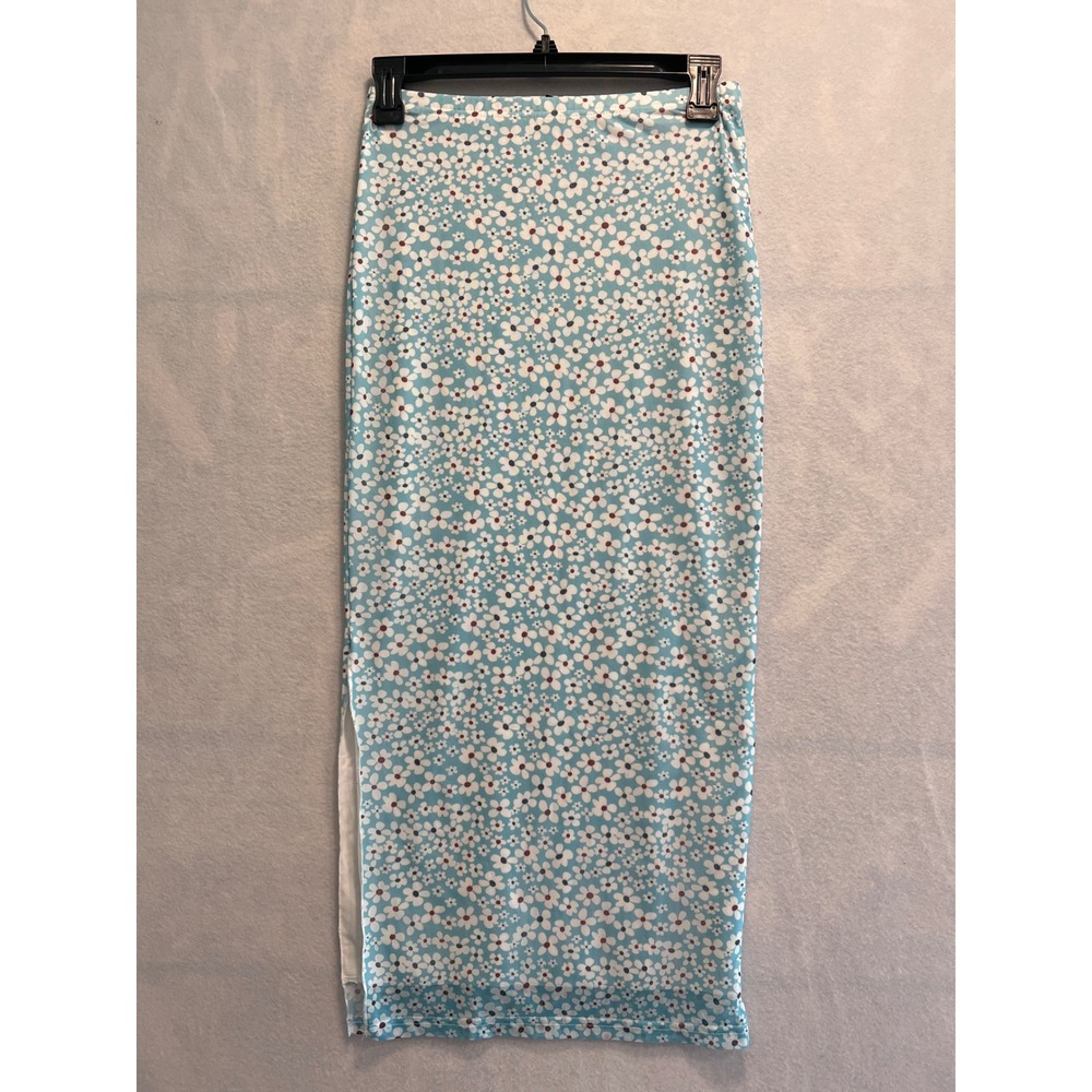 Floral Print Midi Skirt Blue White Bodycon Pencil Skirt‎ with Slit
